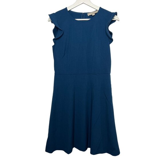 LOFT Blue Fit and Flare Dress Womens Size 6 Ruffle Sleeve Pocket Work Fall - Picture 1 of 14